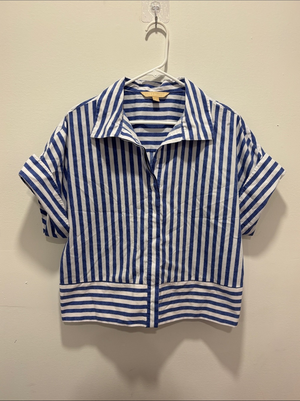 Striped Blue & White Short-Sleeve Button Front Blouse